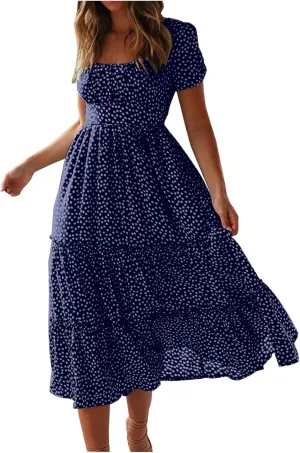 Women Boho Dress Summer Maxi Dress Polka Dot Sundress Short Sleeve A Line Tiered Dresses Flowy Beach Vacation Dress