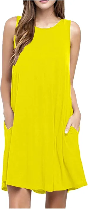 Women Summer Casual Sleeveless Mini Dress Round-Neck Beach Vacation Tank Dress Loose Comfy Midi Dress Sundress