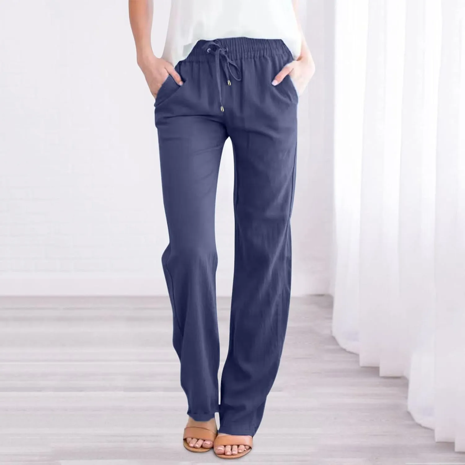 Women Summer Linen Cotton Trousers Drawstring Elastic High Waisted Casual Pants Straight Leg Beach Lounge Pants with Pocket