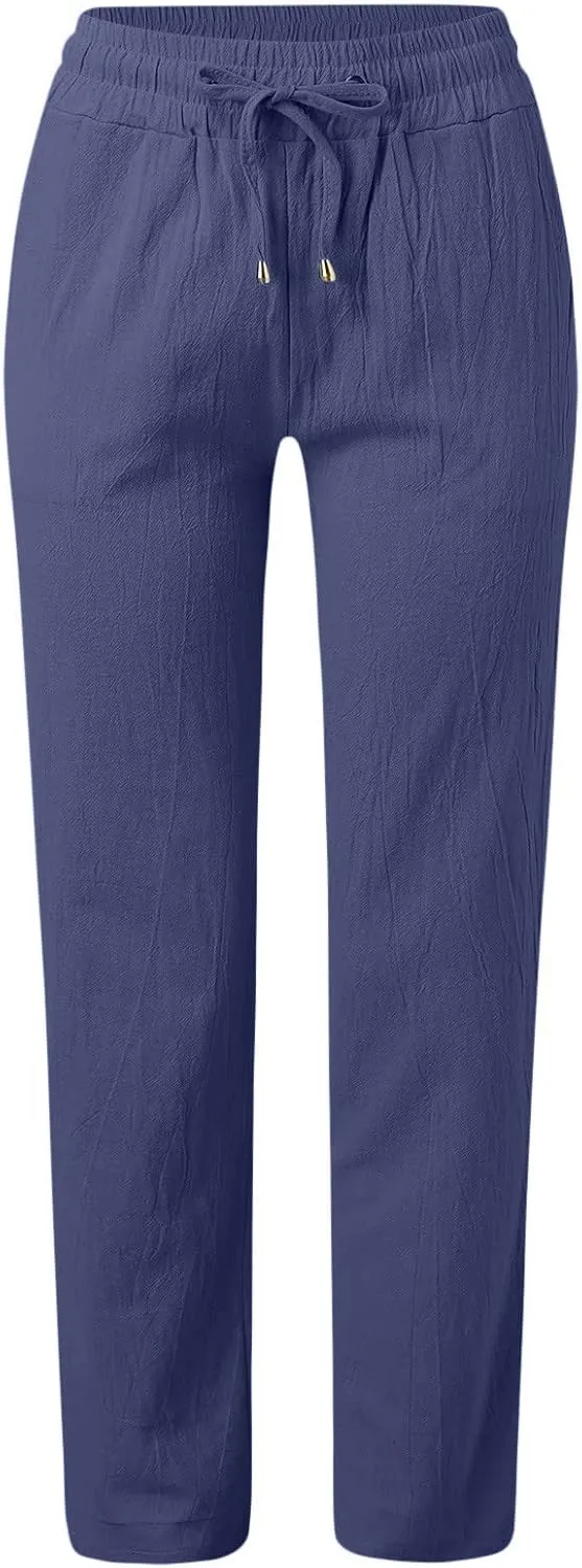 Women Summer Linen Cotton Trousers Drawstring Elastic High Waisted Casual Pants Straight Leg Beach Lounge Pants with Pocket