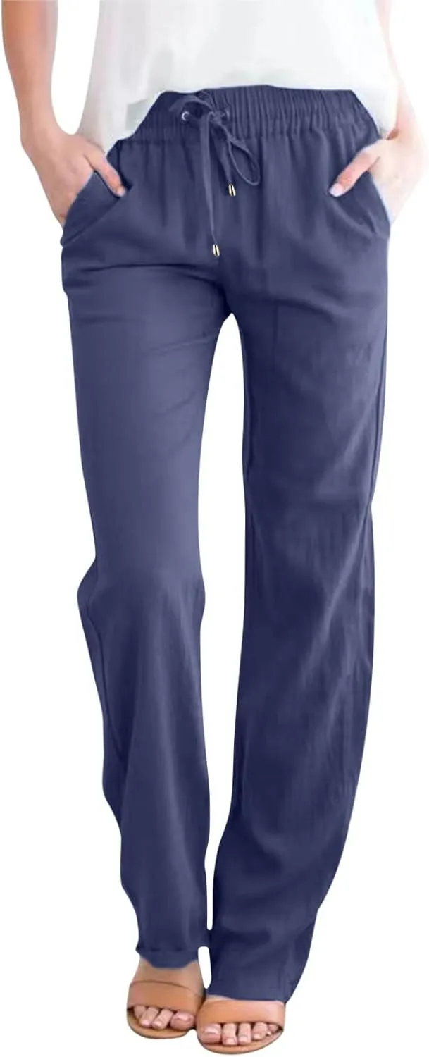 Women Summer Linen Cotton Trousers Drawstring Elastic High Waisted Casual Pants Straight Leg Beach Lounge Pants with Pocket