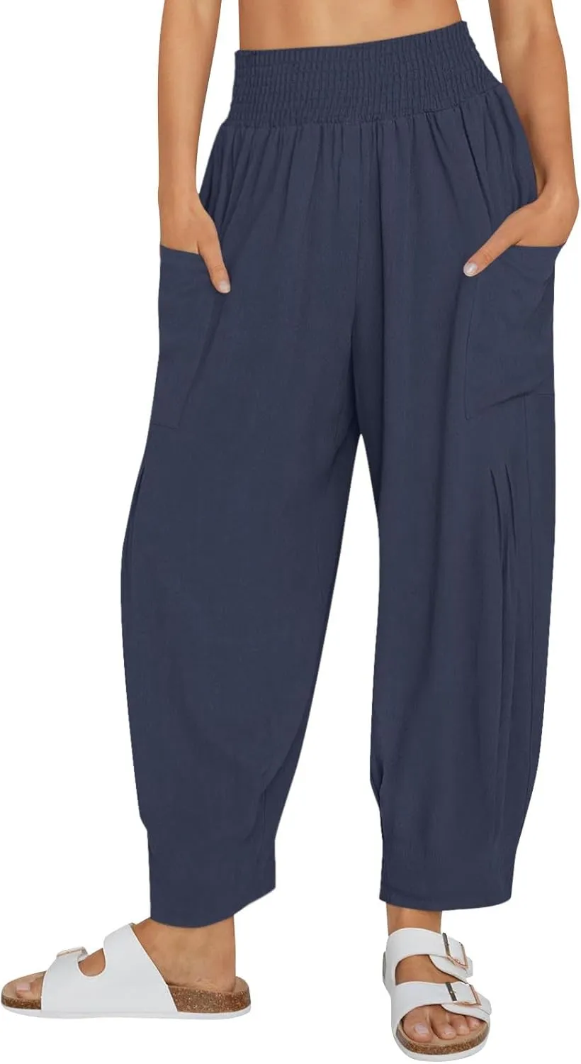 Women's Baggy Harem Pants Comfy Loose Summer Pants High Waisted Boho Beach Pants Trendy Travel Pants with Pockets