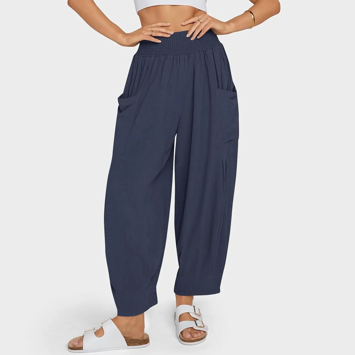 Women's Baggy Harem Pants Comfy Loose Summer Pants High Waisted Boho Beach Pants Trendy Travel Pants with Pockets