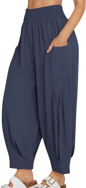 Women's Baggy Harem Pants Comfy Loose Summer Pants High Waisted Boho Beach Pants Trendy Travel Pants with Pockets