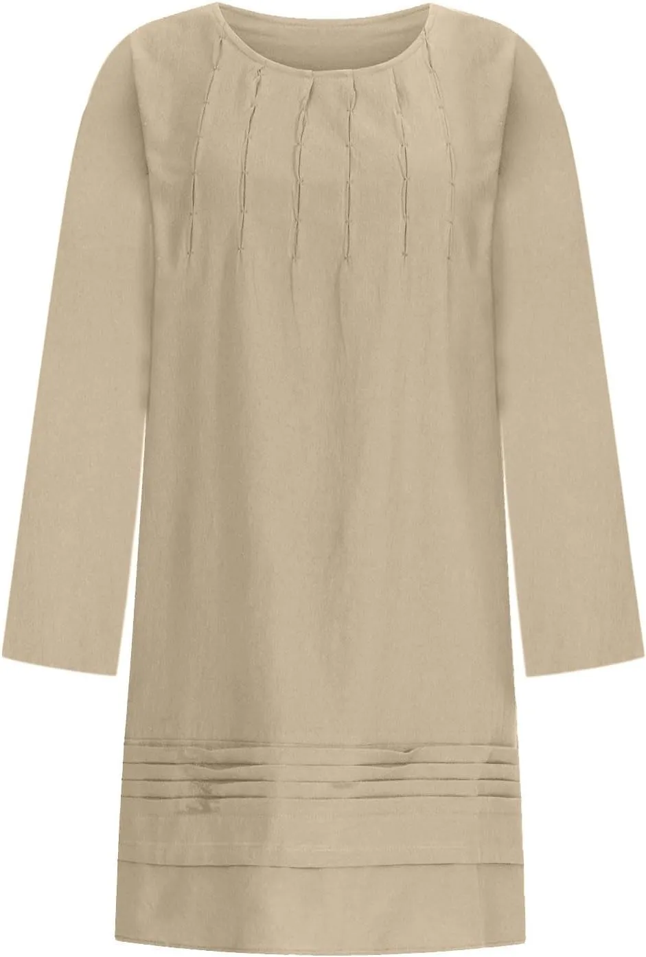 Womens Cotton Linen Dresses Spring Plain Long Sleeve Knee-Length Dress Boho Plus Size Ruched Loose Fit Midi Sundress