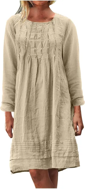 Womens Cotton Linen Dresses Spring Plain Long Sleeve Knee-Length Dress Boho Plus Size Ruched Loose Fit Midi Sundress