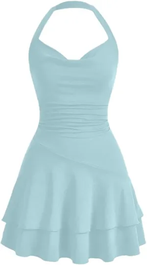 Women's Dresses Elegant Basics Halter Neck Ruffle Pleated A Line Mini Dresses