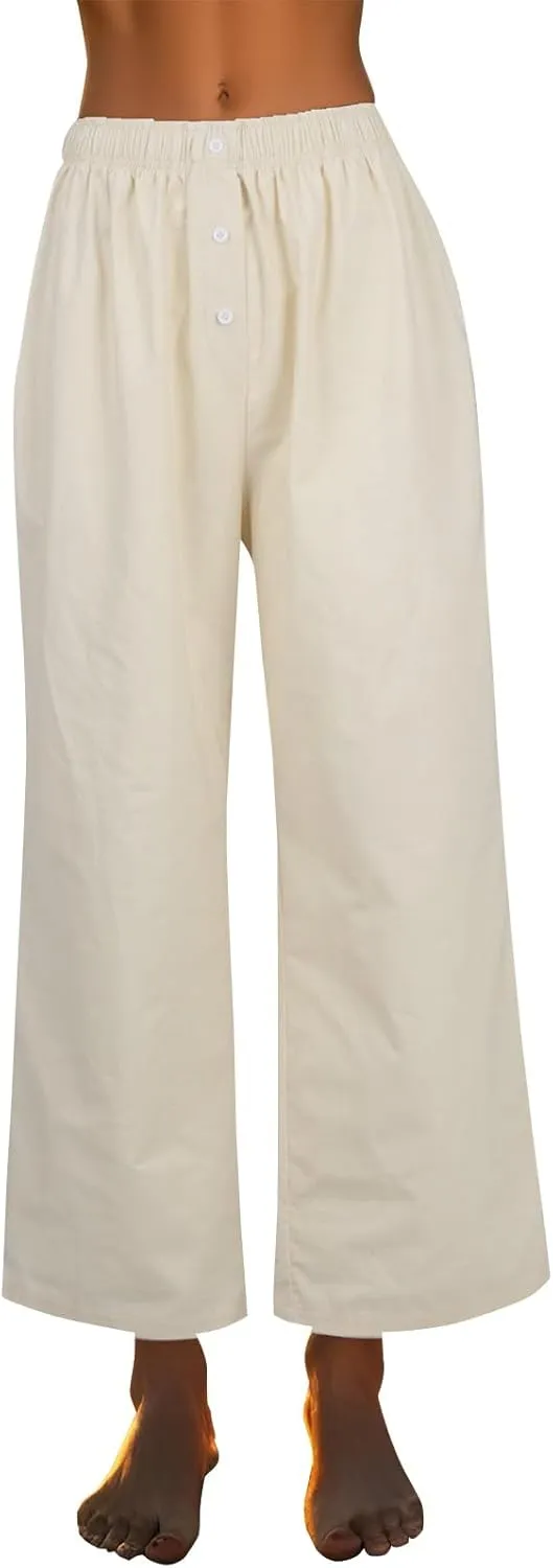 Women's Linen Pants Summer Wide Pants High Waist Trouser Loose Palazzo Pant Dressy with Pockets (S-2Xl)