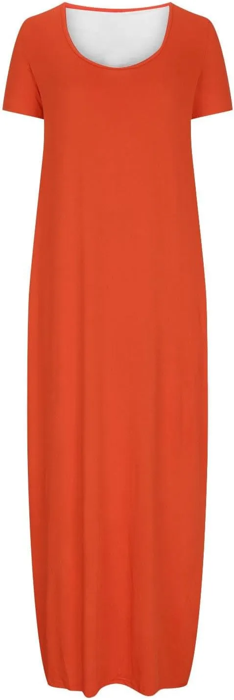Womens Short Sleeve Scoop Neck Plus Size Maxi Midi Dress Solid Casual Tshirt Dress 2025 Trendy Summer Long Dresses