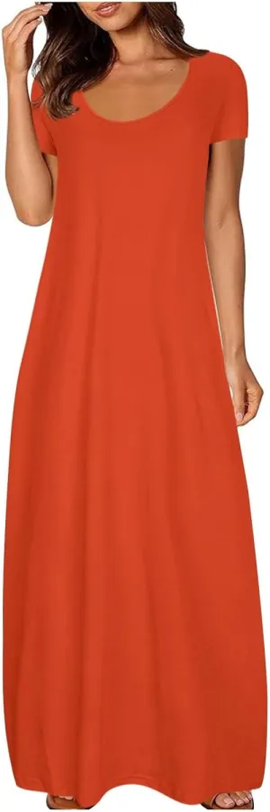 Womens Short Sleeve Scoop Neck Plus Size Maxi Midi Dress Solid Casual Tshirt Dress 2025 Trendy Summer Long Dresses