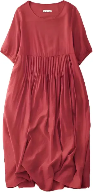 Womens Summer Dresses Casual Short Sleeve Cotton Linen Dress Loose Pleated Crewneck Boho Sundress