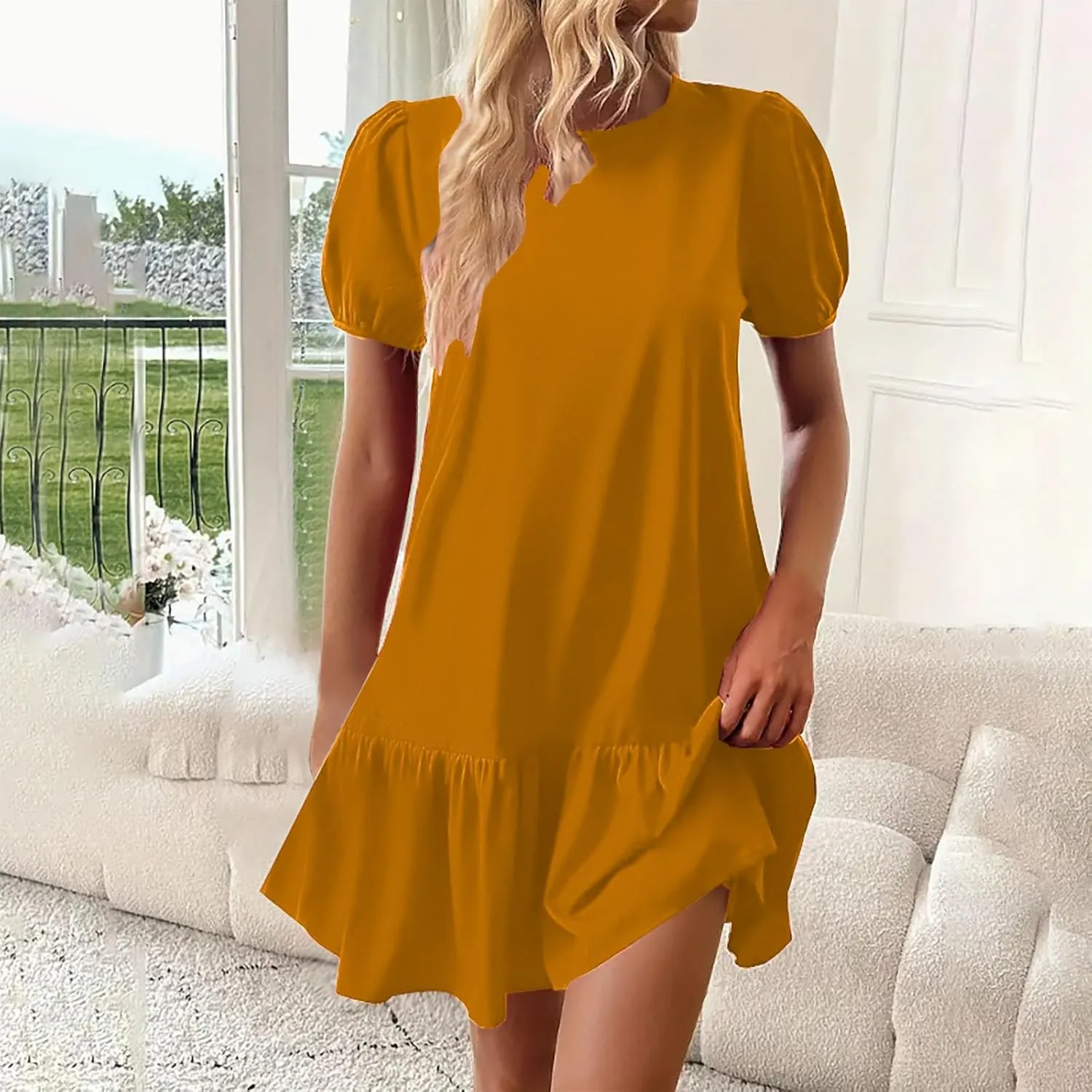 Womens Summer Dresses Casual Short Sleeve Spring Ruffle Mini Sporty Sweatshirt Trendy Loose Soild Tshirt Dress