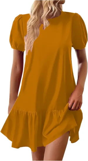 Womens Summer Dresses Casual Short Sleeve Spring Ruffle Mini Sporty Sweatshirt Trendy Loose Soild Tshirt Dress