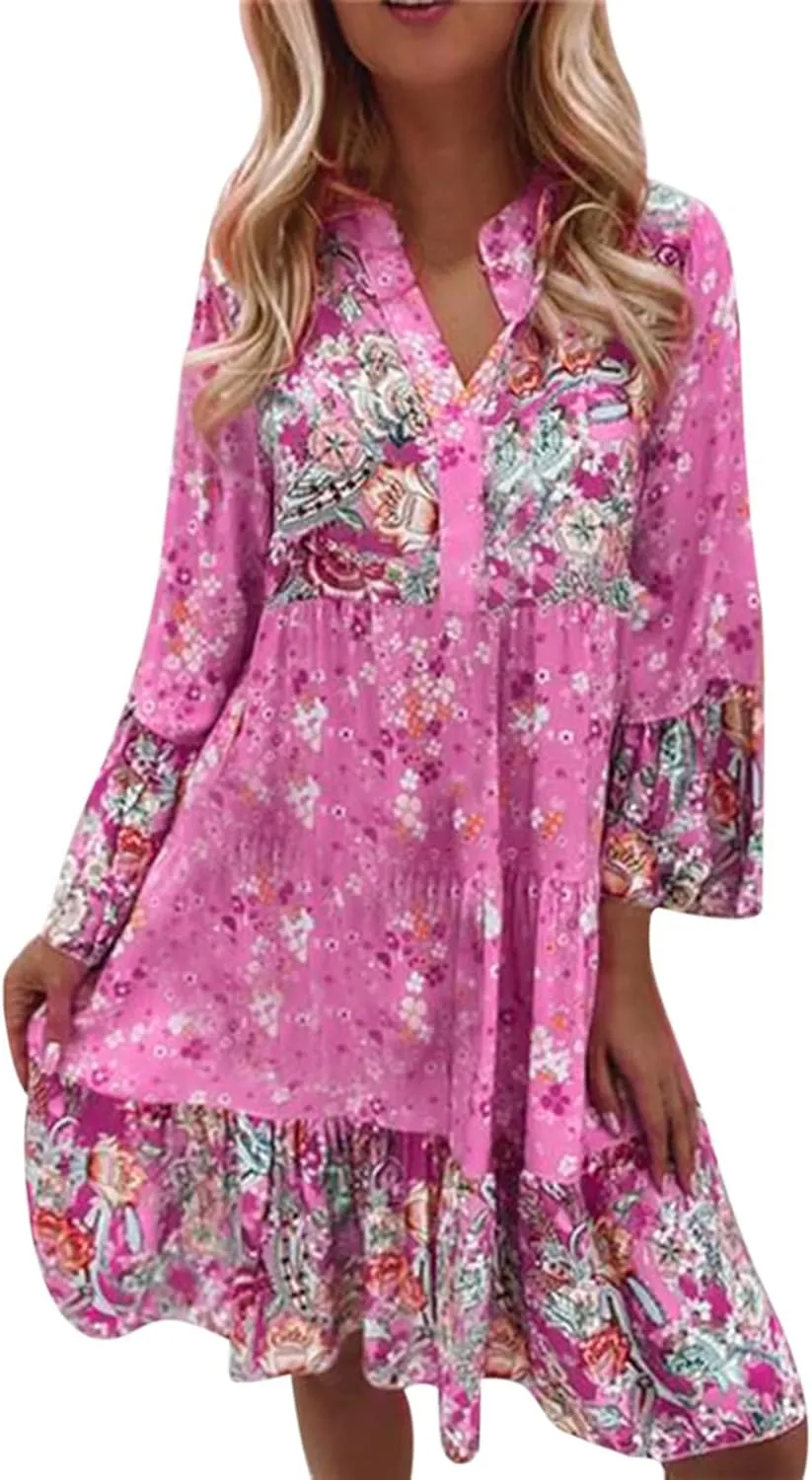 Women's Summer Sundress Long Sleeve Boho Floral Print Sun Dresses for Women Beach Patchwork Skirt 2025 Party Dresses