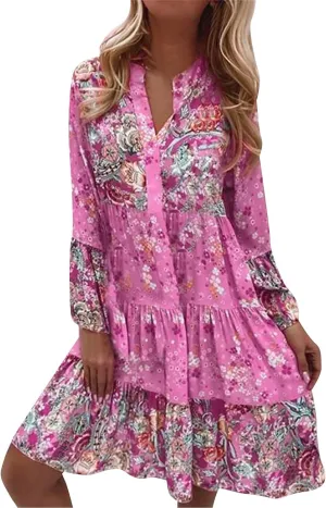 Women's Summer Sundress Long Sleeve Boho Floral Print Sun Dresses for Women Beach Patchwork Skirt 2025 Party Dresses