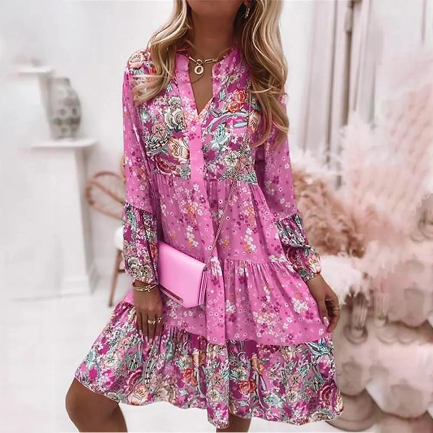 Women's Summer Sundress Long Sleeve Boho Floral Print Sun Dresses for Women Beach Patchwork Skirt 2025 Party Dresses
