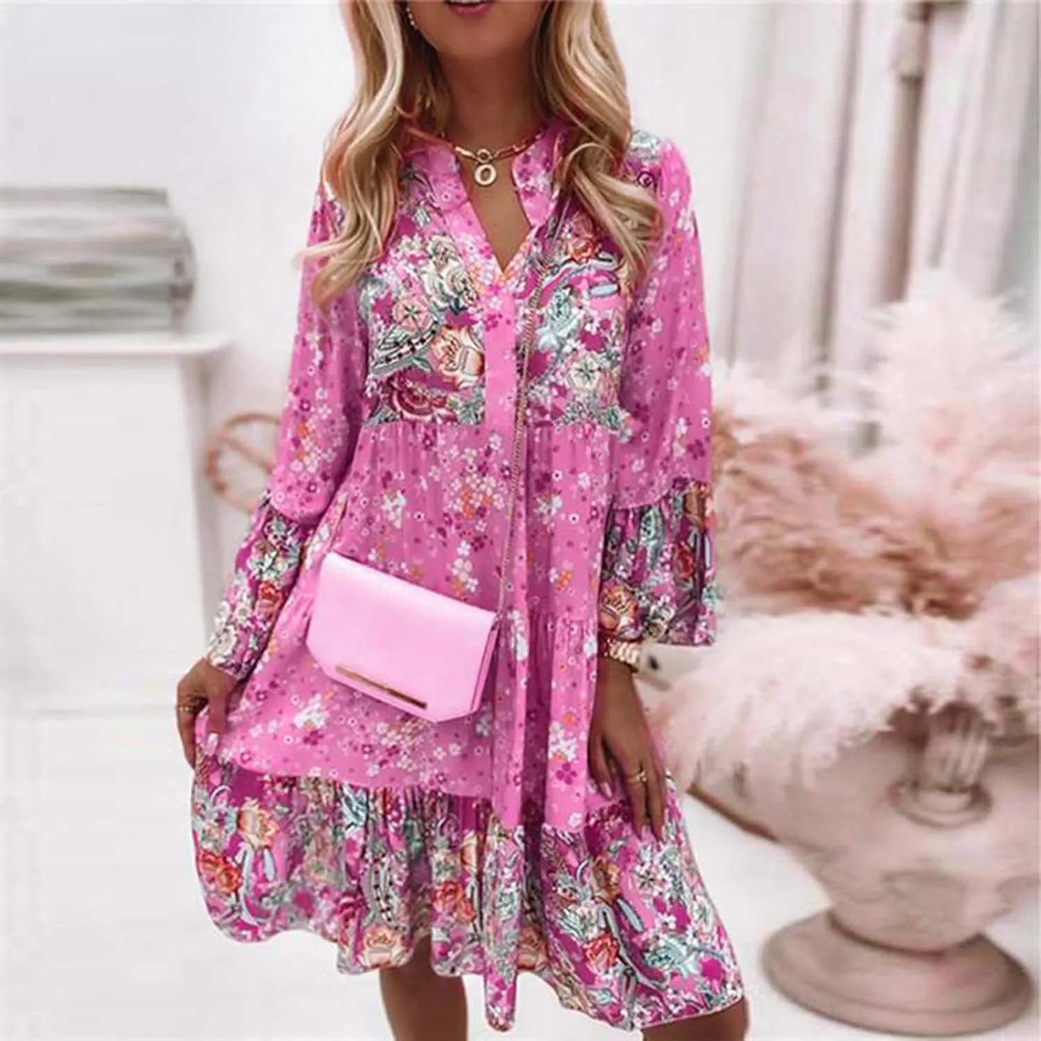 Women's Summer Sundress Long Sleeve Boho Floral Print Sun Dresses for Women Beach Patchwork Skirt 2025 Party Dresses