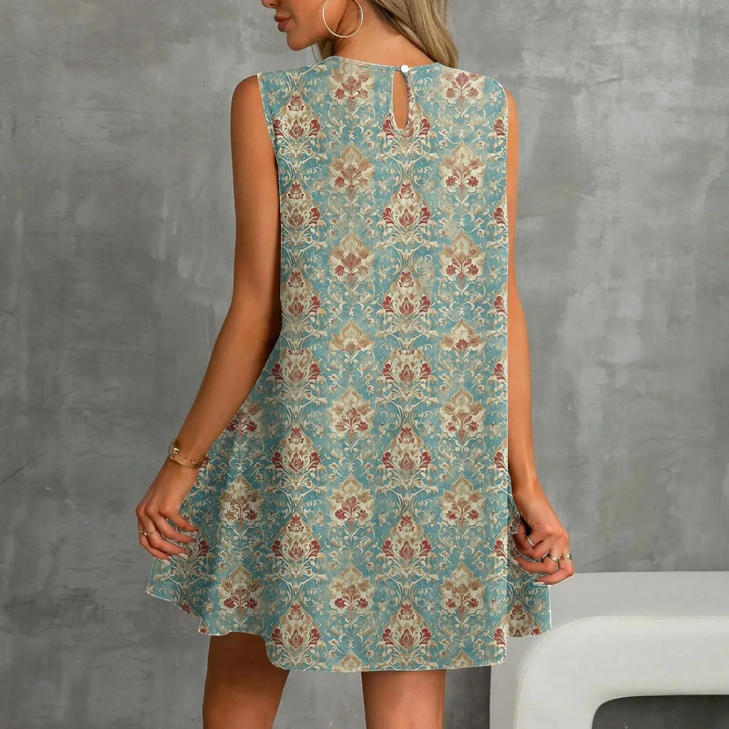 Women's Summer Tank Dress with Pockets, Loose Ruffle Sleeveless Crew Neck Casual Mini Beach Vacation Sundresses