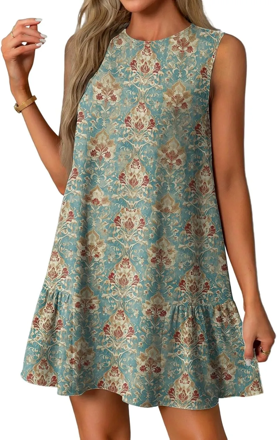 Women's Summer Tank Dress with Pockets, Loose Ruffle Sleeveless Crew Neck Casual Mini Beach Vacation Sundresses