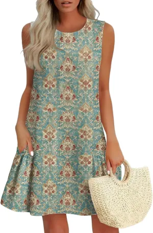 Women's Summer Tank Dress with Pockets, Loose Ruffle Sleeveless Crew Neck Casual Mini Beach Vacation Sundresses