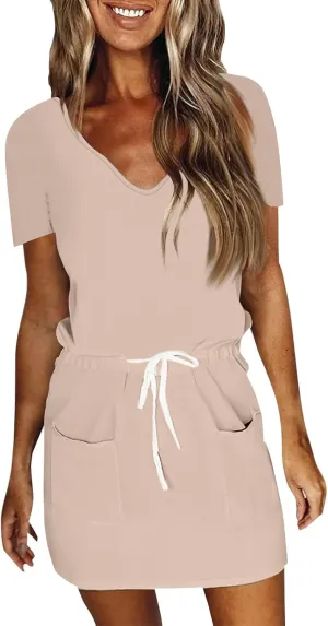 XOWRTE Women's Summer Tie Dresses 2025 Beach Casual Deep V Neck Loose Sundress Ruffle Sleeve Mini Dress A-Line Tunic Dress