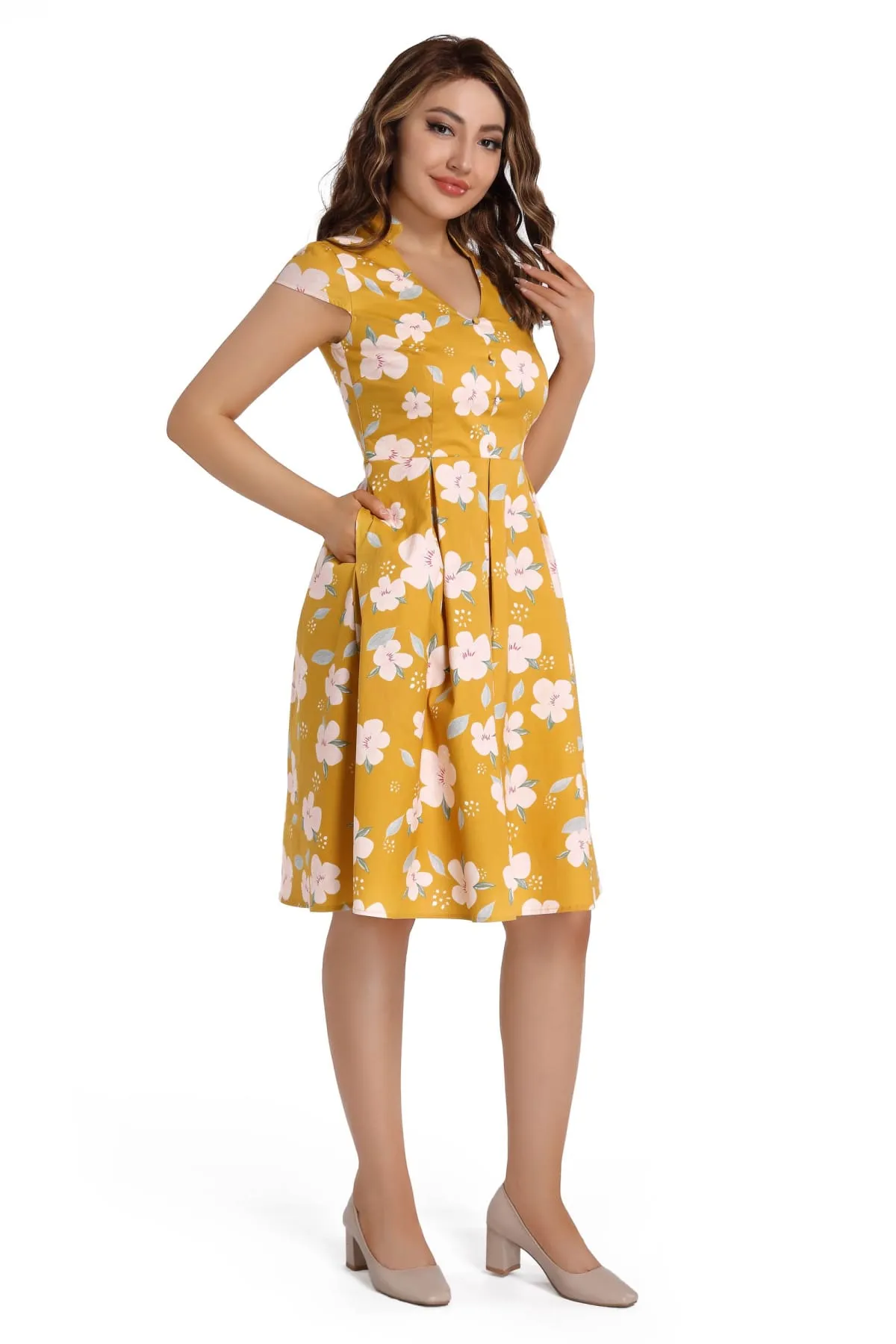 Yellow with Pink Flower V Neck Collared Box Pleat Vintage Dress with Cap Sleeves