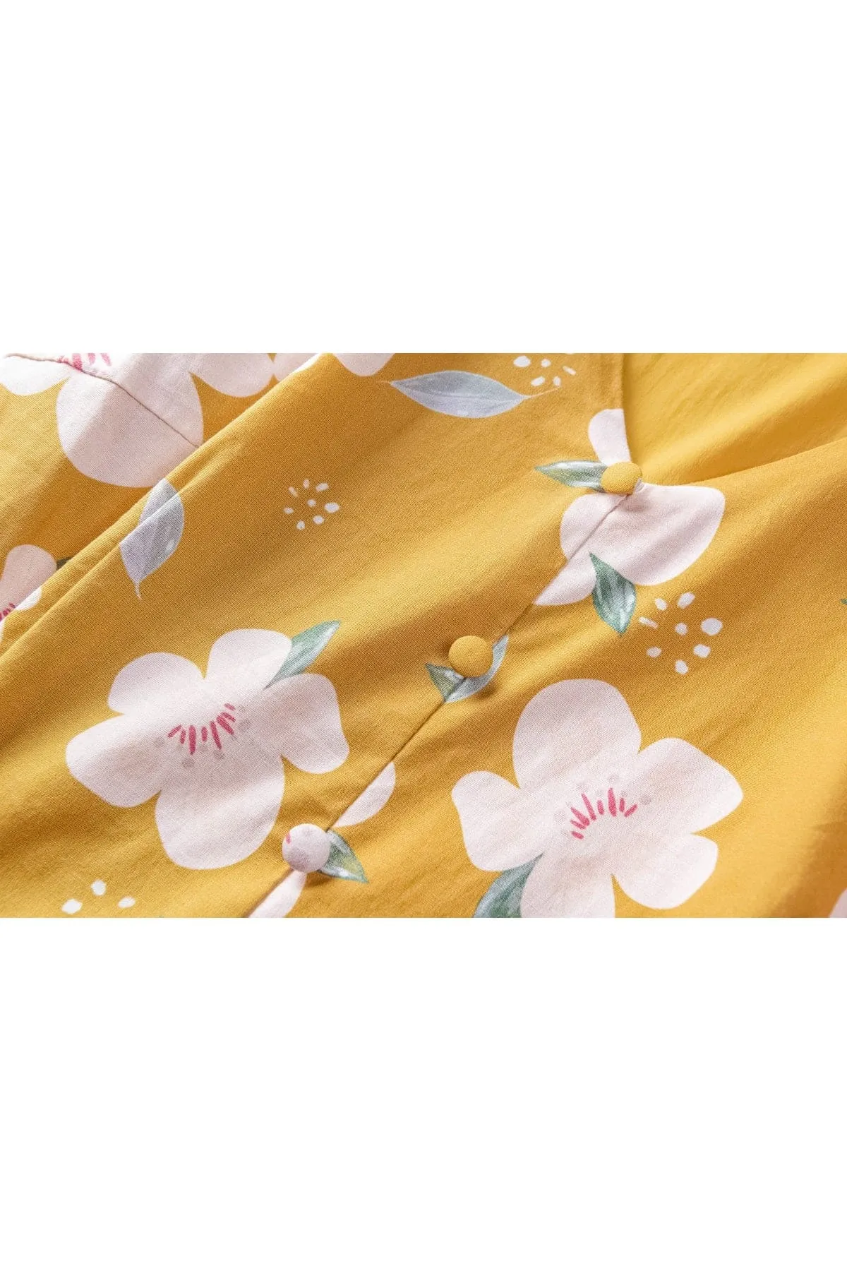 Yellow with Pink Flower V Neck Collared Box Pleat Vintage Dress with Cap Sleeves