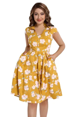 Yellow with Pink Flower V Neck Collared Box Pleat Vintage Dress with Cap Sleeves