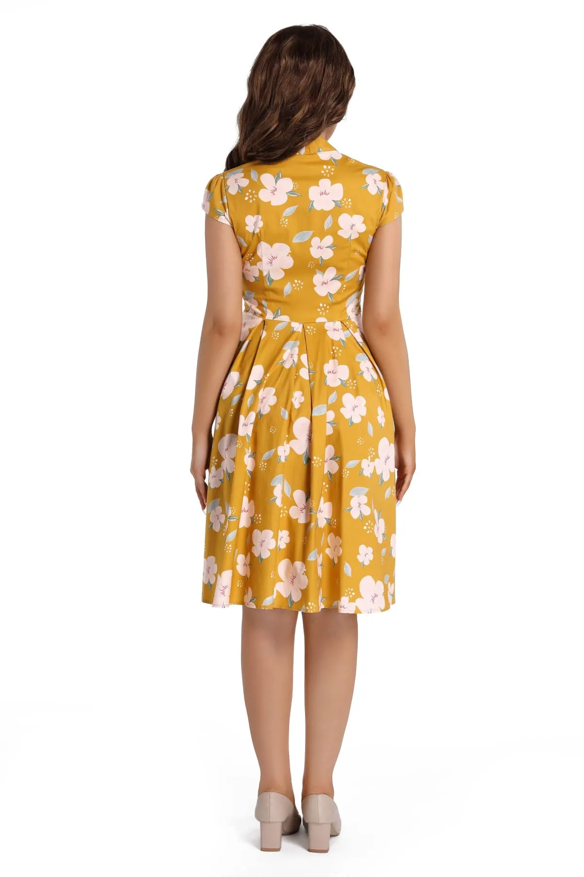 Yellow with Pink Flower V Neck Collared Box Pleat Vintage Dress with Cap Sleeves