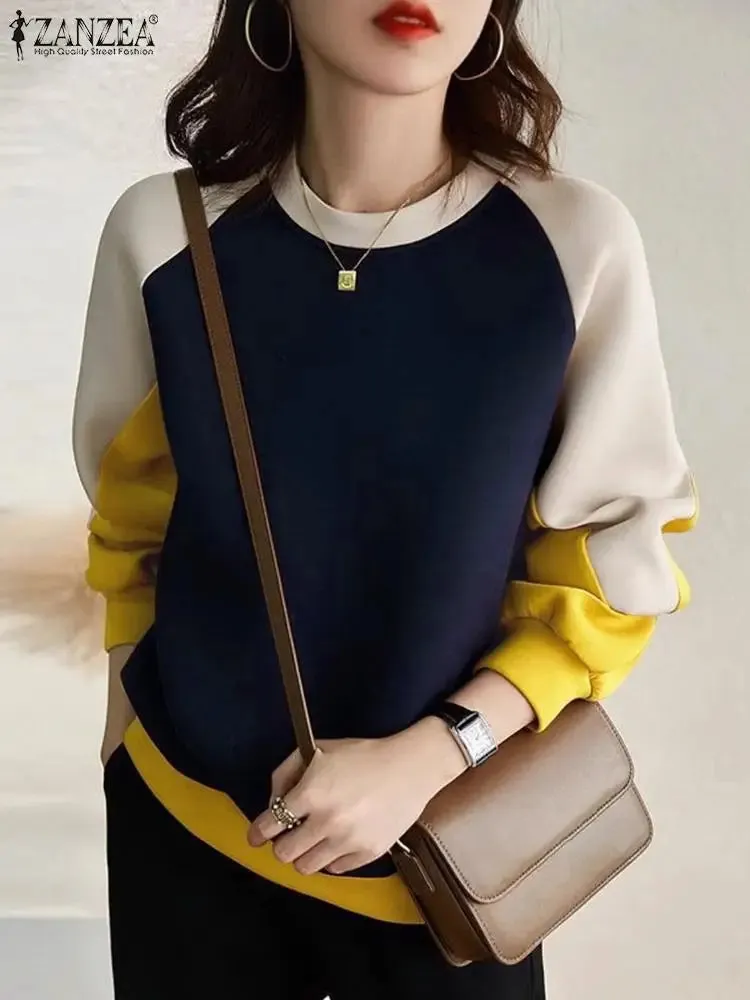 ZANZEA Stylish Autumn Sweatshirts Woman Long Sleeve Patchwork Pullovers 2024 Elegant Work Blouse Fashion Hoodies Streetwear