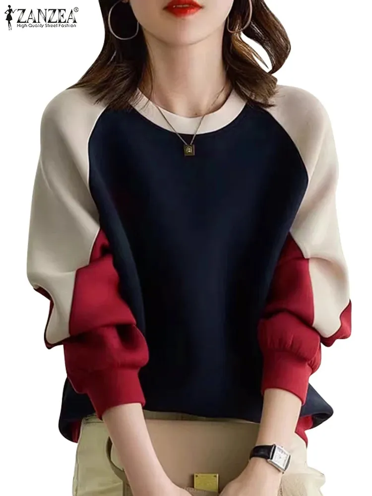 ZANZEA Stylish Autumn Sweatshirts Woman Long Sleeve Patchwork Pullovers 2024 Elegant Work Blouse Fashion Hoodies Streetwear